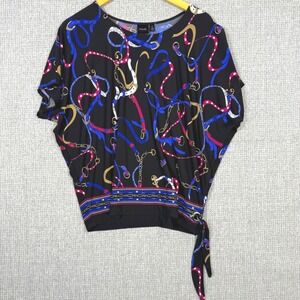 Rafaella Sz M Blouse Tie Waist Chain Print Dolman Black Equestrian Statement‎